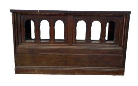 Oak alter-type table in the Gothic taste, with arched frontage revealing open recess behind,