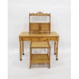 20th century pine desk with two drawers, a wall-hanging cupboard and a pine two-tier coffee table on