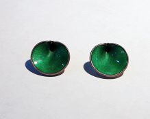 Pair Norwegian sterling silver and green enamel lilypad-pattern earrings by Einar Modahl