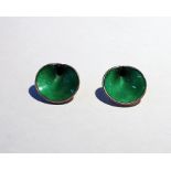 Pair Norwegian sterling silver and green enamel lilypad-pattern earrings by Einar Modahl