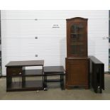 Mahogany sideboard with cutlery drawer and recesses, a nest of three coffee tables, a swing-leg