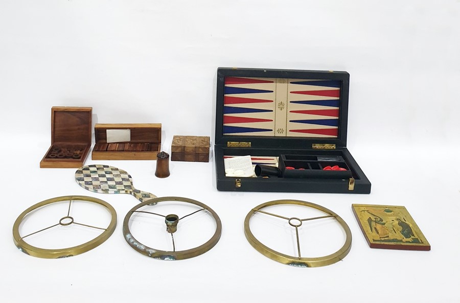 Large brass tray, a backgammon board, shooting stick, etc