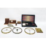 Large brass tray, a backgammon board, shooting stick, etc