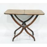 19th century mahogany folding campaign table, the shaped legs united by turned stretchers, 89cm x