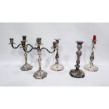 Pair of three-branch electroplated candelabra, a pair of electroplated candlesticks and another