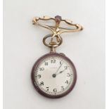 Lady's Vines gold-coloured metal and enamel fob watch, the circular dial with Arabic numerals and