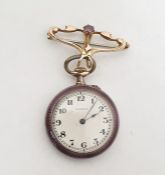 Lady's Vines gold-coloured metal and enamel fob watch, the circular dial with Arabic numerals and