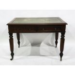 19th century mahogany desk with green leather top above two drawers, faceted supports to brass