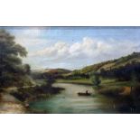 Oil on canvas  River scene with a rowing boat to c