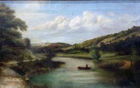 Oil on canvas  River scene with a rowing boat to c