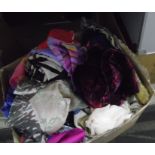 Box of assorted scarves, assorted table linen, curtains, metal sewing box, etc (4)