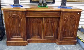 19th century mahogany breakfront sideboard, the moulded edge above central single drawer, above