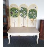 20th century rectangular coffee table with cream painted base and a three-fold arch-top draught