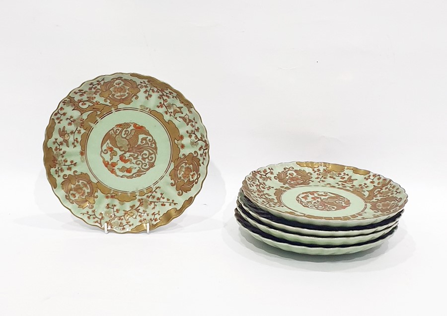 Set of five celadon ground porcelain plates with g