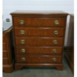 20th century yew chest of five long drawers, raised upon bracket feet, by Drexer