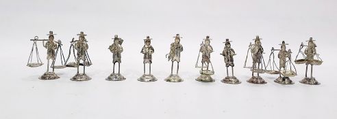 Ten Chinese white metal models of fishermen, inscribed to bases 'Made in Hong Kong'