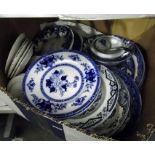 Large quantity of various blue and white ceramics including plates, lidded tureens, etc, a wood