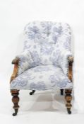 19th century light blue ground foliate upholstered button back salon armchair with turned front legs