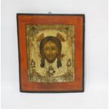 Painted hardwood icon of Jesus Christ with two sai