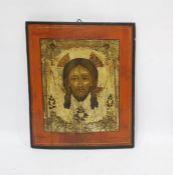 Painted hardwood icon of Jesus Christ with two sai