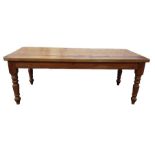 Large pine rectangular dining table on turned supports, 212cm x 87.5cm