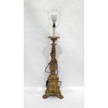 Italian-style altar-type candlestick with carved wood and gilt gesso finish, moulded top, turned and