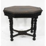Victorian oak and mahogany banded side table of elongated octagonal form, diamond shaped inlaid
