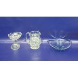 Sven Palmqvist for Orrefors glass bowl in light blue, a cut glass jug and a glass tazza