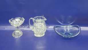 Sven Palmqvist for Orrefors glass bowl in light blue, a cut glass jug and a glass tazza