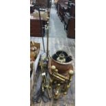 Brass fire dogs, brass companion set, a cast iron companion set with stand, EPNS tray, a coal