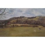 After Susie Whitcombe  Limited edition colour print Hunt and hounds through field amongst rolling