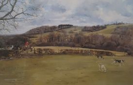 After Susie Whitcombe  Limited edition colour print Hunt and hounds through field amongst rolling