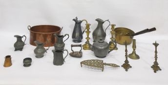 Assorted metalware to include a pair of brass candle prickets, brass trivet, two brass and iron