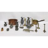 Assorted metalware to include a pair of brass candle prickets, brass trivet, two brass and iron