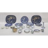 Pair of Victorian blue and white meat plates in the 'Willow' pattern and various other items of blue