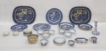 Pair of Victorian blue and white meat plates in the 'Willow' pattern and various other items of blue