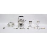 Silver plated spirit kettle on stand, a silver plated muffin dish and various other items