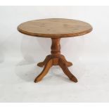 20th century pine breakfast table on single pedestal support, 103cm diameter approx