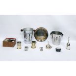 Two wine coolers and a silver plated wine funnel, a silver plated Ronson table lighter and various