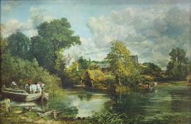 Oleograph  River scene with a chain ferry taking cart horse across, cottages in background, cows