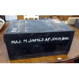 Military wood and metal bound small trunk, labelled 'On Her Majesty's Service to Supply and
