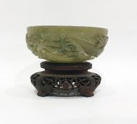 Chinese carved green jade bowl, carved autour in r