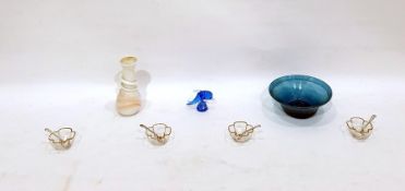 Set of four glass salts with gilt rims, the whole of quatrefoil shape, with four electroplated