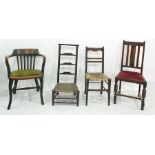 Six assorted oak framed chairs including early 20th century set of three dining chairs, etc (6)
