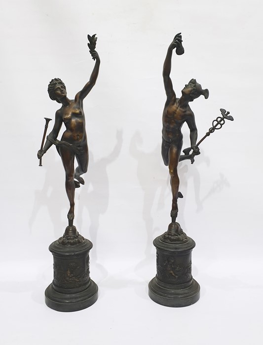 After Giambologna pair of bronzes, one of Mercury wearing winged petasus and ankles to his left hand
