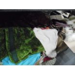 Large quantity of remnants, a bedspread, curtains, rugs, a handbag, etc (3 boxes plus)