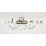 Silver napkin ring, a pair of silver topped glass jars, another silver topped glass jar and