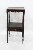 19th century mahogany square two-tier whatnot, the lower shelf with freize drawers, on turned
