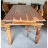 Eastern hardwood rectangular plank-top dining table raised upon four turned supports, 181cm