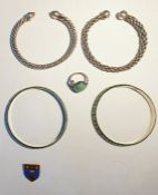 Two silver bangles, two other items and a pair of silver and enamel bangles (6)